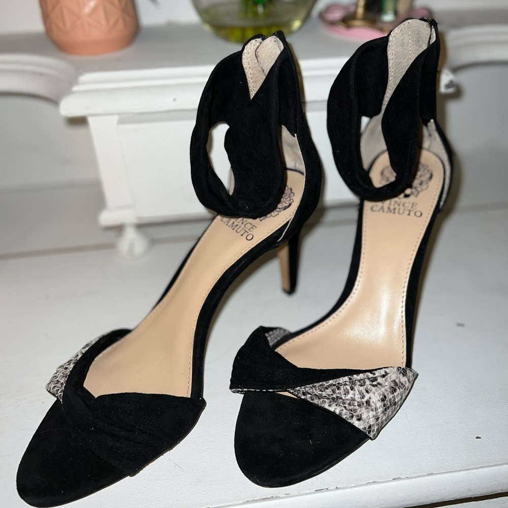 Vince Camuto Camden Snakeskin Suede Strap Heels